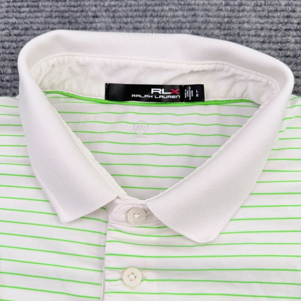 RLX Ralph Lauren Polo Shirt Mens Large Lime Green White Stripped‎ Golf US Open